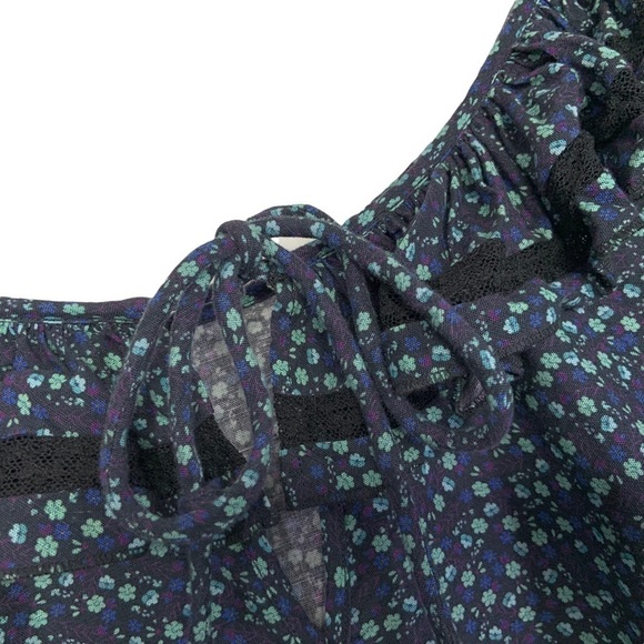 Something Navy Womans Floral Kira Top XS Blue Ruffle Short Sleeve Linen Cotton - Picture 7 of 9